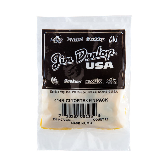 A plastic package filled with 'Dunlop' branded guitar picks on a white background