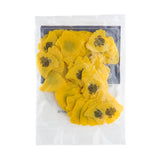 A plastic package fill with 'Dunlop' branded yellow fin guitar picks on a white background