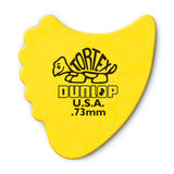 A yellow 'Dunlop' branded fin guitar pick with a Tortex turtle design on a white background