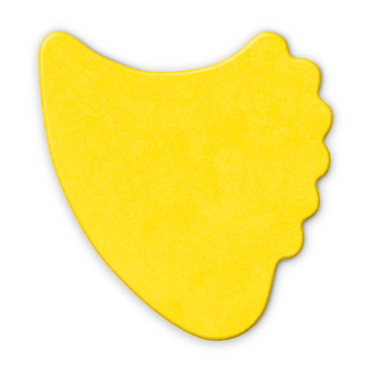 A yellow fin guitar pick on a white background