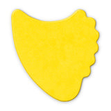 A yellow fin guitar pick on a white background