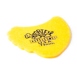 A yellow 'Dunlop' branded fin guitar pick with a Tortex turtle design on a white background
