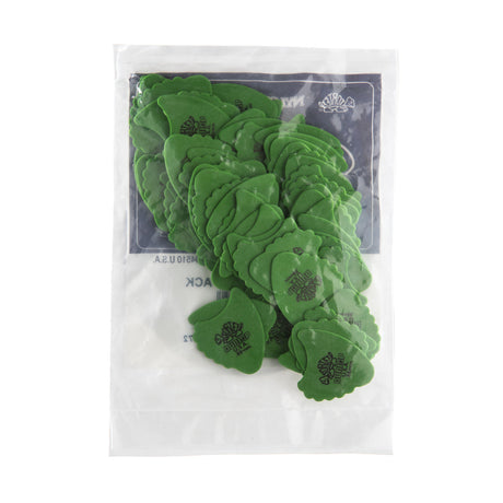 A plastic package bag fill with green 'Dunlop' branded fin guitar picks on a white background