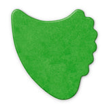 A green fin guitar pick on a white background