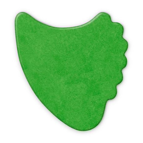 A green fin guitar pick on a white background