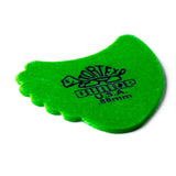 A green 'Dunlop' branded fin guitar pick with a Tortex turtle design on a white background