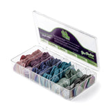 A plastic box filled with Jim Dunlop Gator Grip assorted guitar picks on a white background