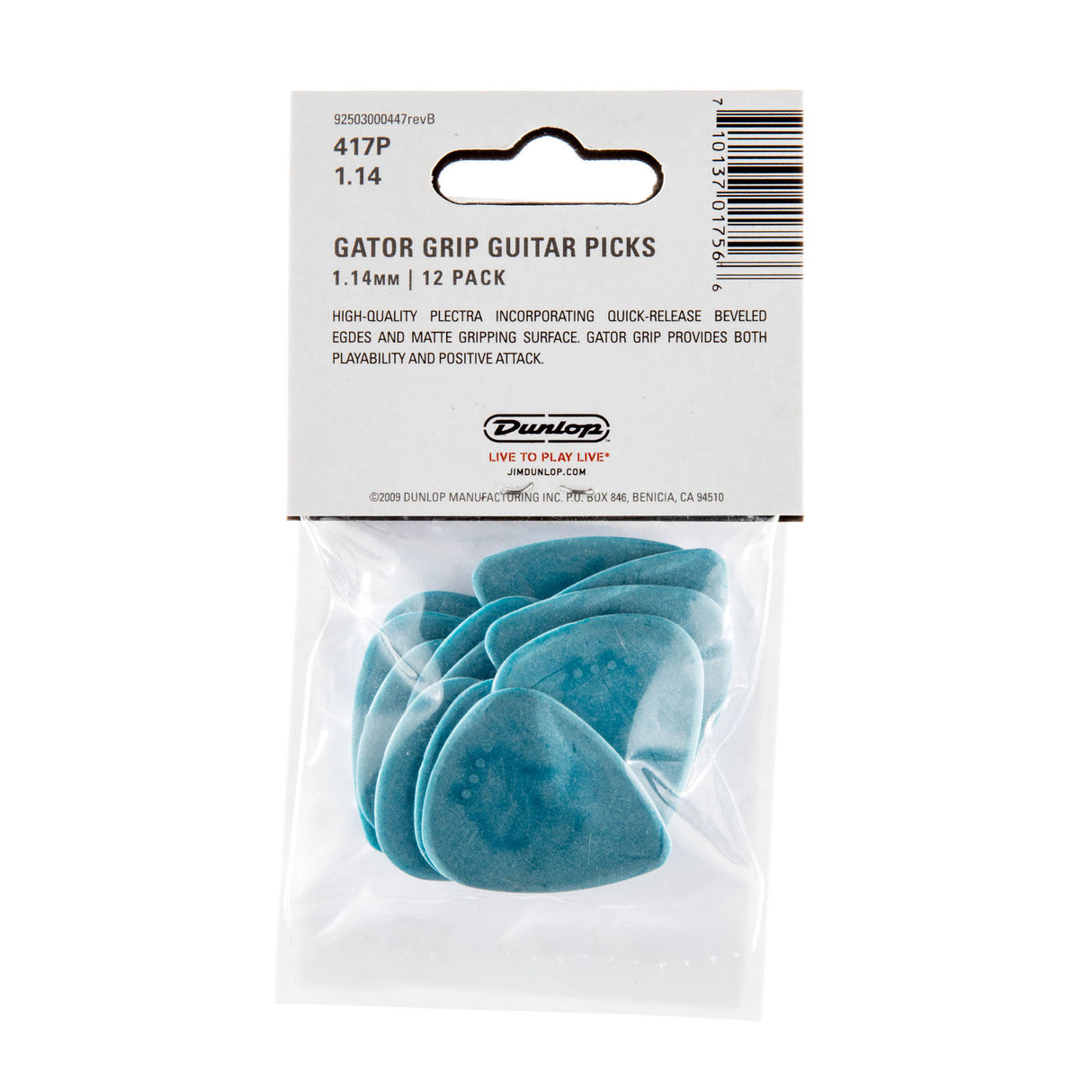 Pack of Dunlop Gator Grip guitar picks with clear plastic packaging on a white background