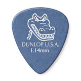 A blue 'Dunlop' branded guitar pick with 'gator' artwork on a white background