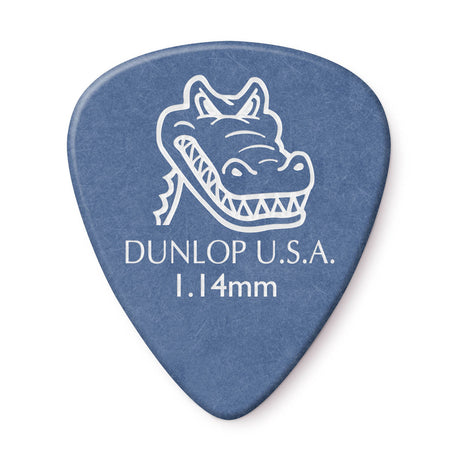 A blue 'Dunlop' branded guitar pick with 'gator' artwork on a white background