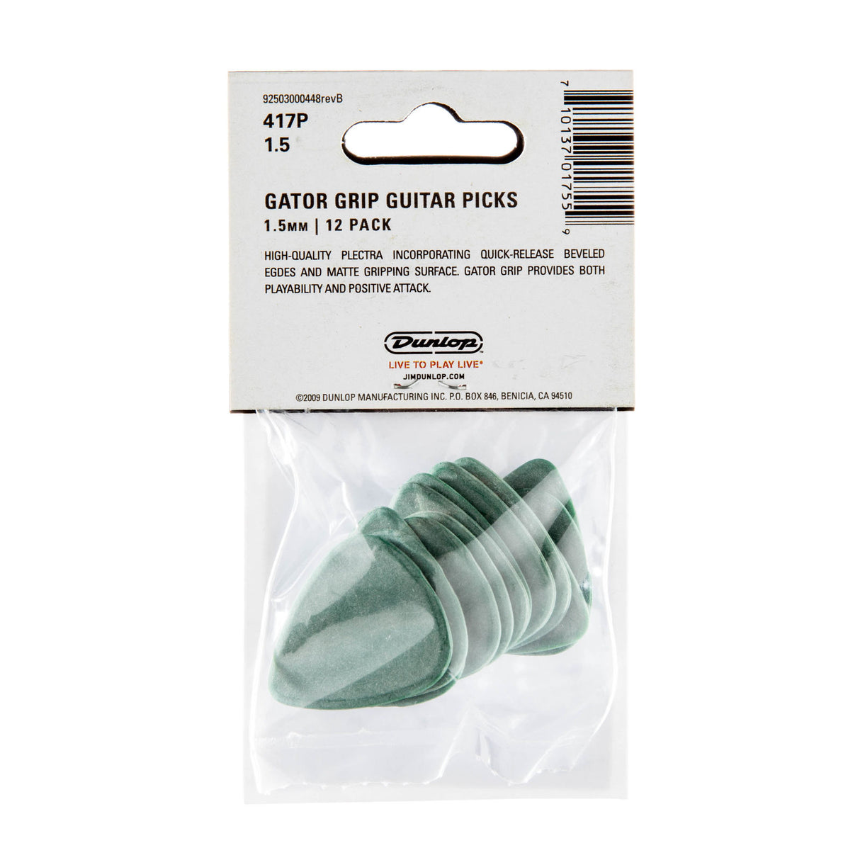 Pack of Dunlop Gator Grip guitar picks with packaging on a white background