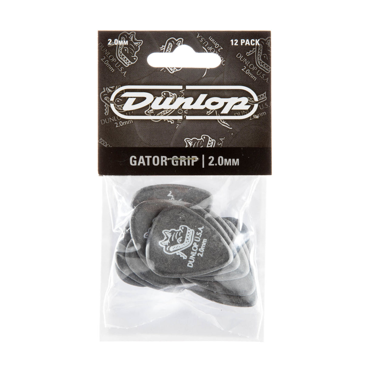 Pack of Dunlop Gator-Grip guitar picks with clear plastic window on a white background