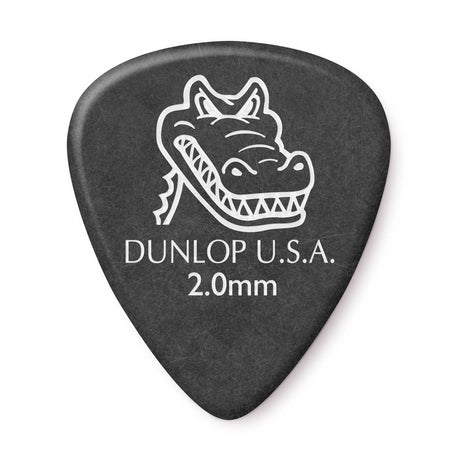 Black guitar pick with white alligator logo and 'Dunlop U.S.A. 2.0mm' text on a white background