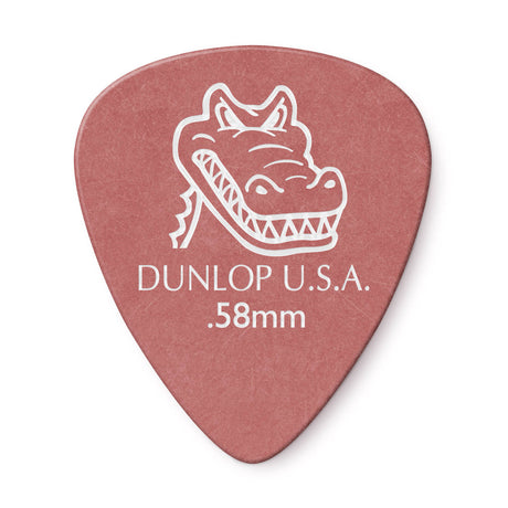 Pink Dunlop guitar pick with a white alligator logo on a white background