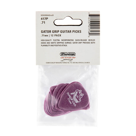 Pack of Dunlop Gator Grip guitar picks with packaging on a white background
