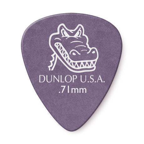 Purple guitar pick with a white alligator logo and text on a white background