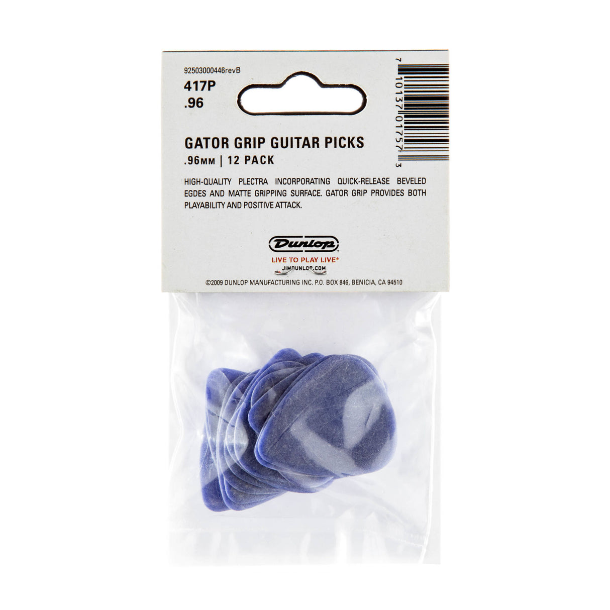 Pack of Dunlop Gator Grip guitar picks with clear packaging on a white background
