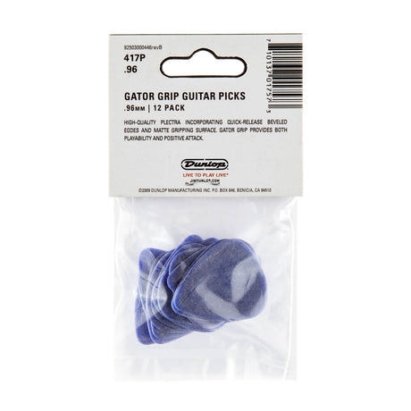 Pack of Dunlop Gator Grip guitar picks with clear packaging on a white background
