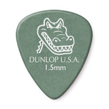 Green guitar pick with a white alligator logo and text on a white background