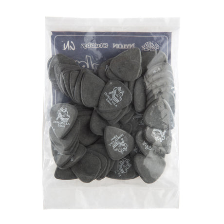Pack of black guitar picks with Dunlop logo on a white background