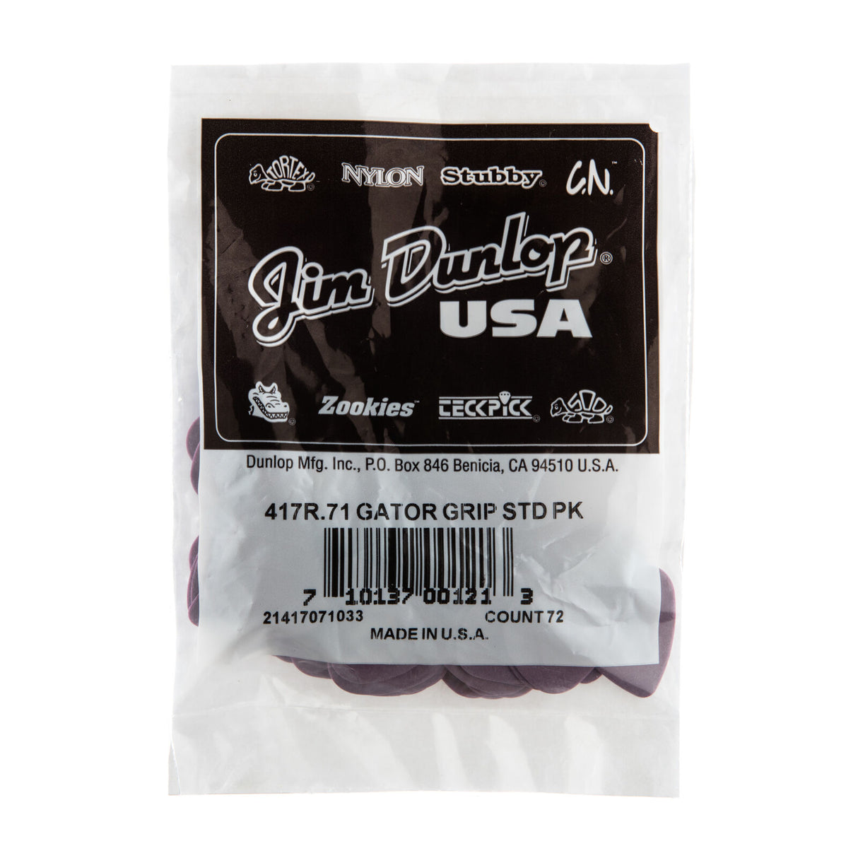 Packaged Jim Dunlop gator grip guitar picks on a white background