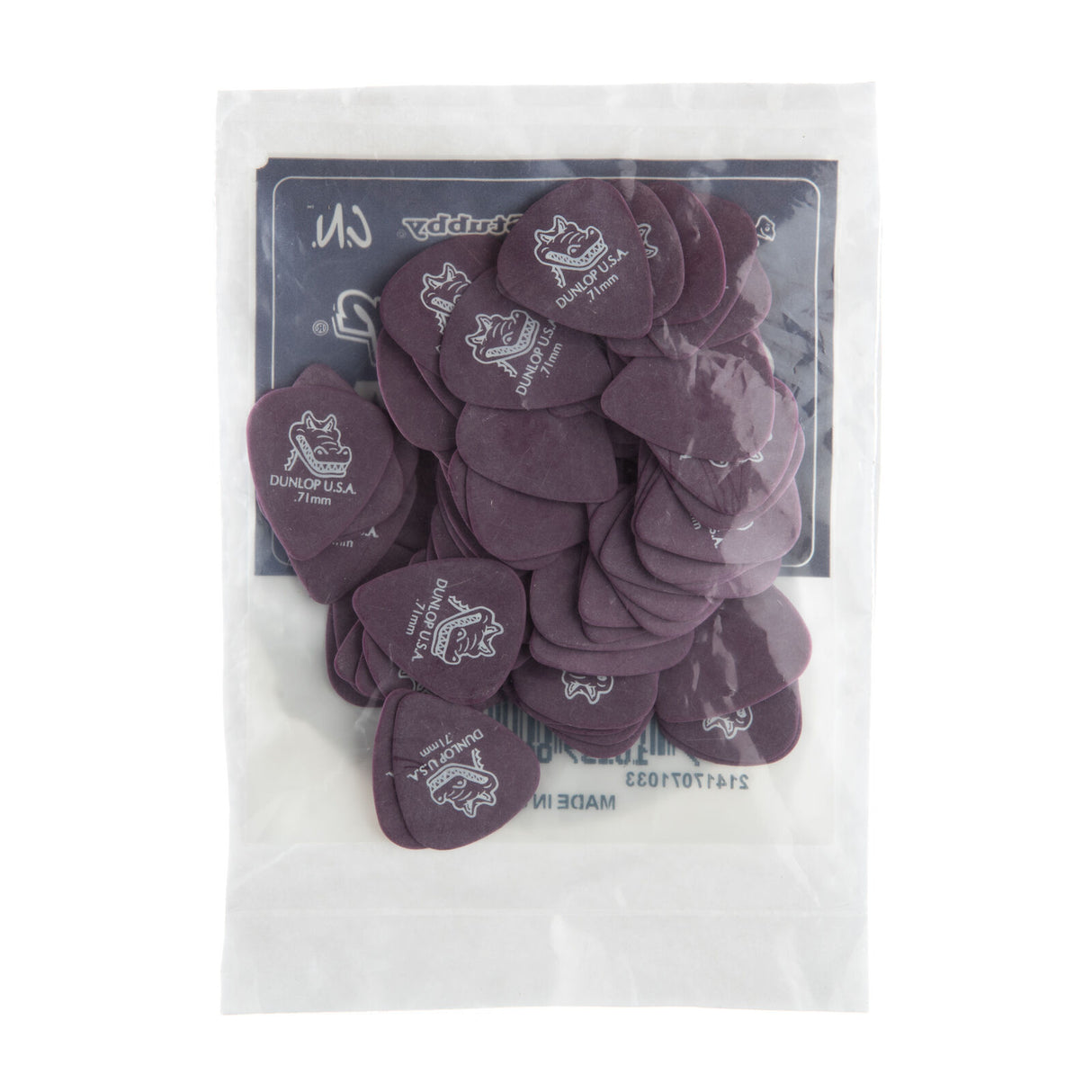 Pack of purple guitar picks with a clear plastic cover on a white background