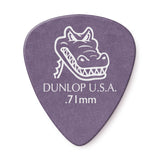 Purple guitar pick with a white alligator logo and text on a white background