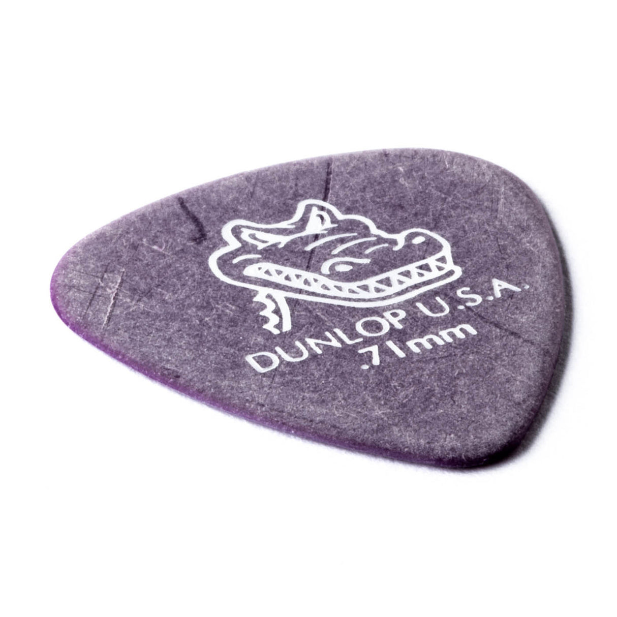 Purple guitar pick with Dunlop USA branding on a white background