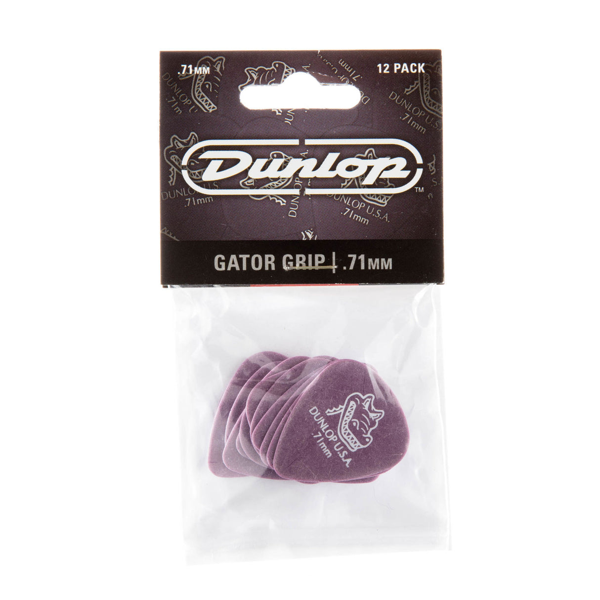 Pack of Dunlop Gator Grip guitar picks with purple color on a white background