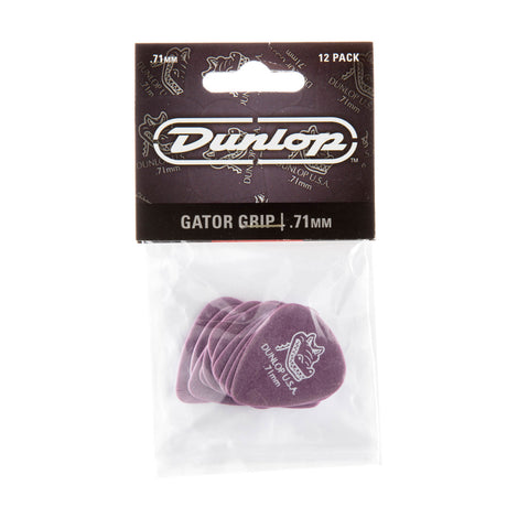Pack of Dunlop Gator Grip guitar picks with purple color on a white background