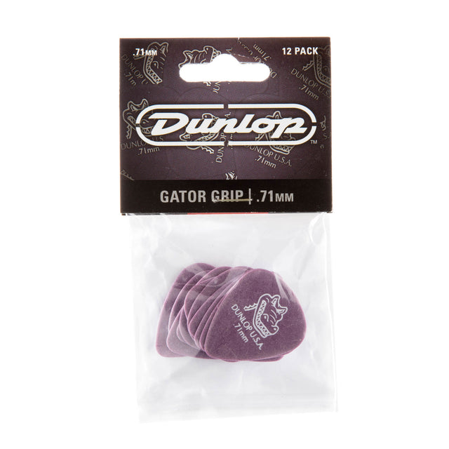 Pack of Dunlop Gator Grip guitar picks with purple color on a white background