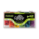 Box of Dunlop Tortex guitar picks with various sizes on a white background