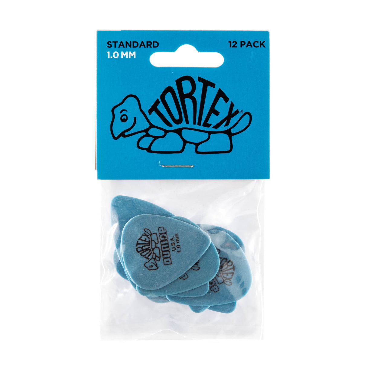 Pack of Dunlop Tortex guitar picks with a blue card on a white background
