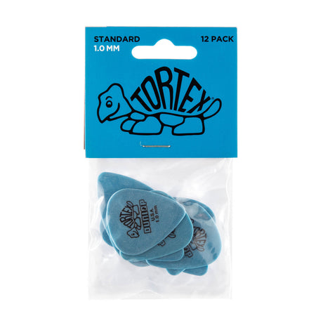 Pack of Dunlop Tortex guitar picks with a blue card on a white background