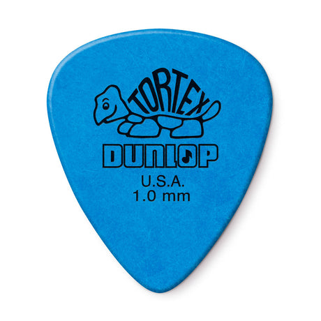 Blue guitar pick with Dunlop branding on a white background