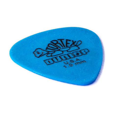 Blue guitar pick with Dunlop branding on a white background