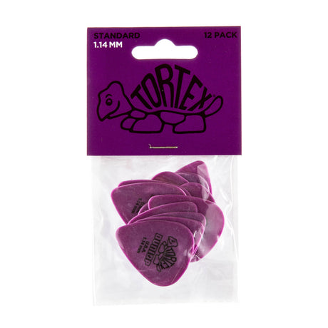 Pack of purple guitar picks with Dunlop Tortex branding on a white background