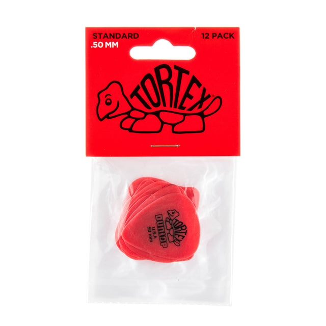 Red guitar pick in clear packaging with Dunlop Tortex branding on a white background