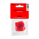 Red guitar pick in clear packaging with Dunlop branding on a white background