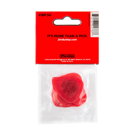 Red guitar pick in clear packaging with Dunlop branding on a white background