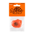 Pack of orange guitar picks with Dunlop Tortex branding on an orange background