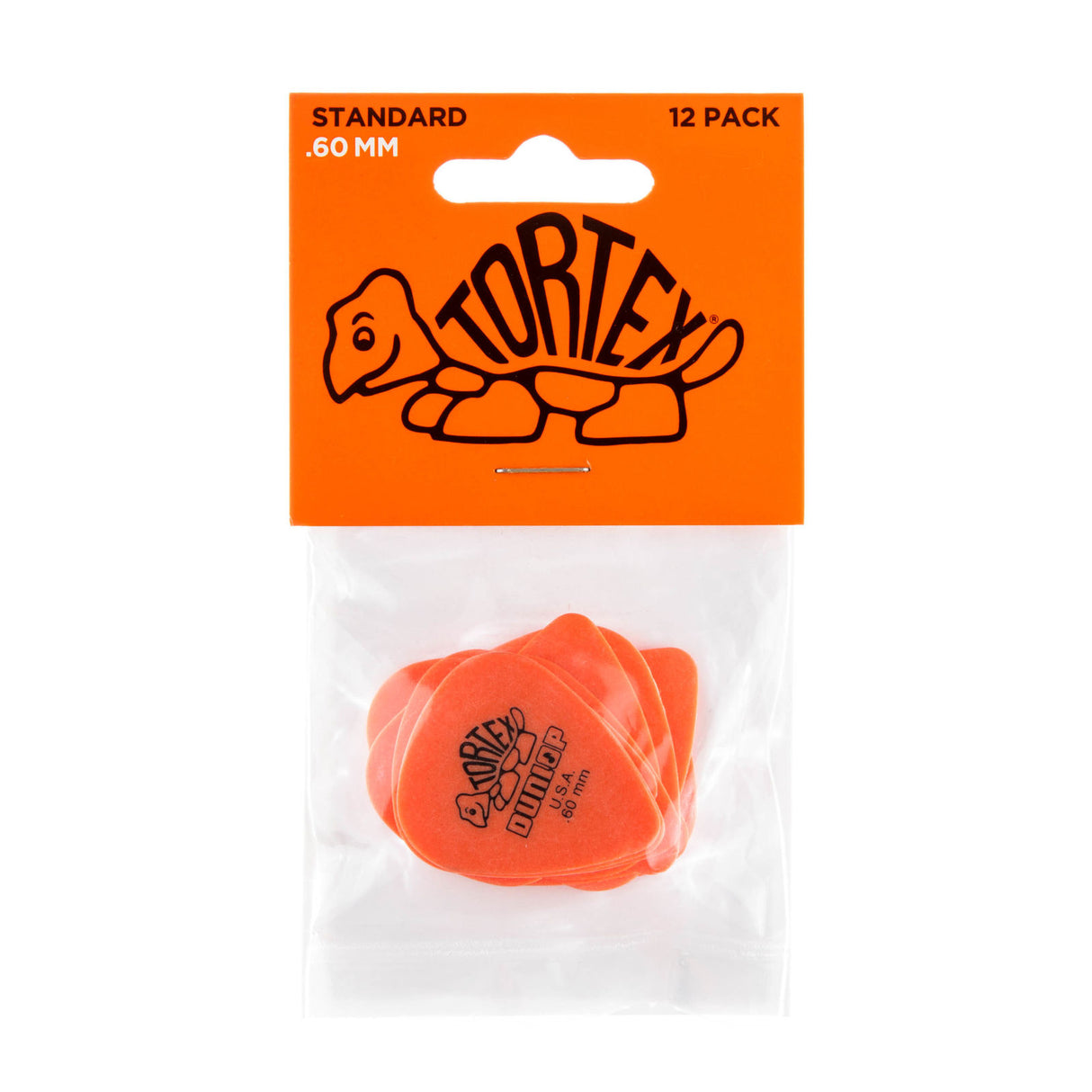 Pack of orange guitar picks with Dunlop Tortex branding on an orange background