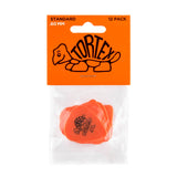 Pack of orange guitar picks with Dunlop Tortex branding on an orange background