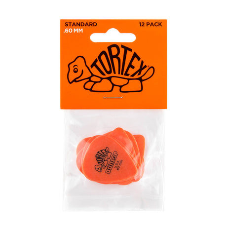 Pack of orange guitar picks with Dunlop Tortex branding on an orange background