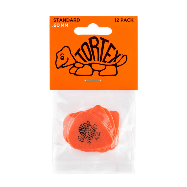 Pack of orange guitar picks with Dunlop Tortex branding on an orange background