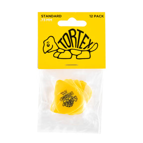Yellow guitar pick with Dunlop Tortex branding on a clear background