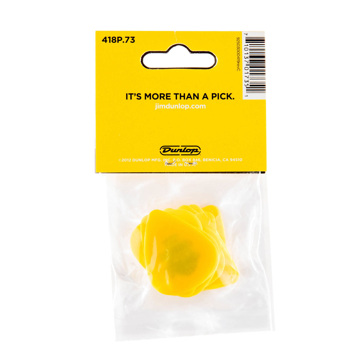 Yellow guitar pick in clear packaging with Dunlop branding and text on a white background