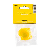Yellow guitar pick in clear packaging with Dunlop branding and text on a white background
