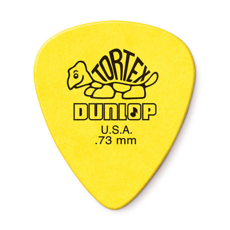 Yellow guitar pick with Dunlop branding on a white background
