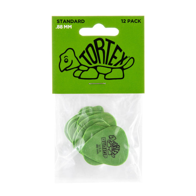 Pack of green guitar picks with Dunlop Tortex branding on a white background